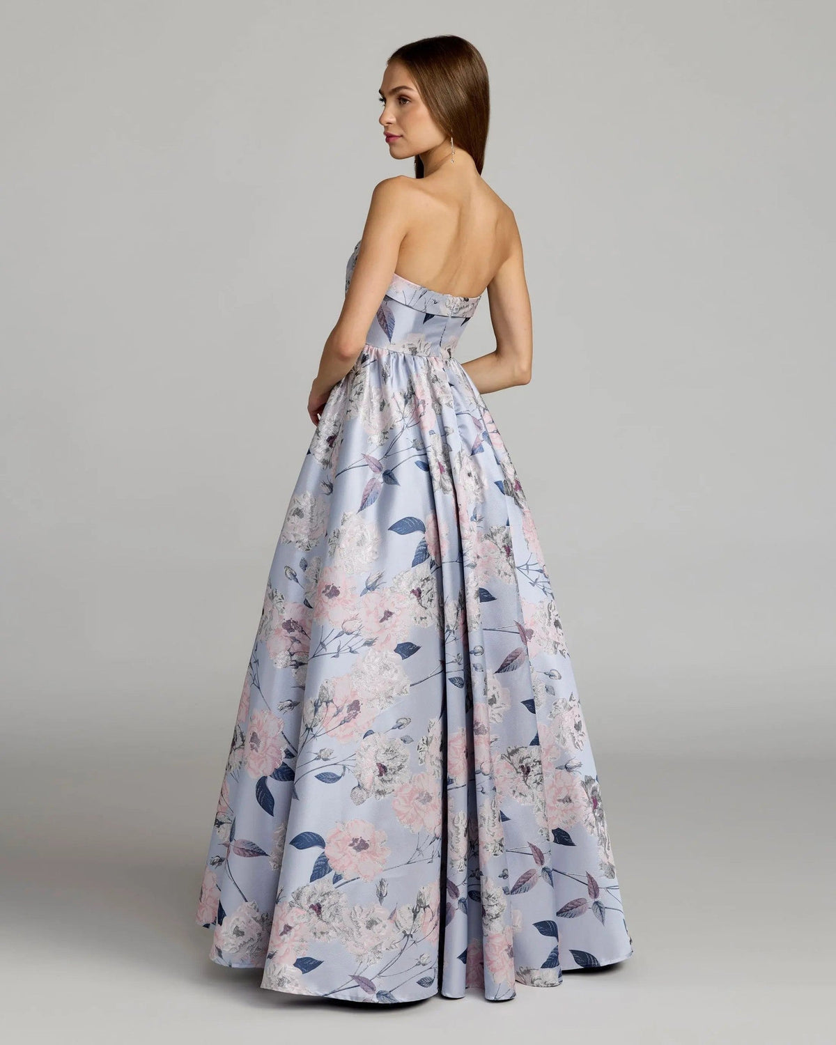Blue Multi Floral Brocade Strapless Ball Gown