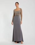 Gray Beaded Square Neck Long Sleeve Jersey Gown