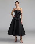 Black Strapless Satin A-Line Midi Dress With Bow