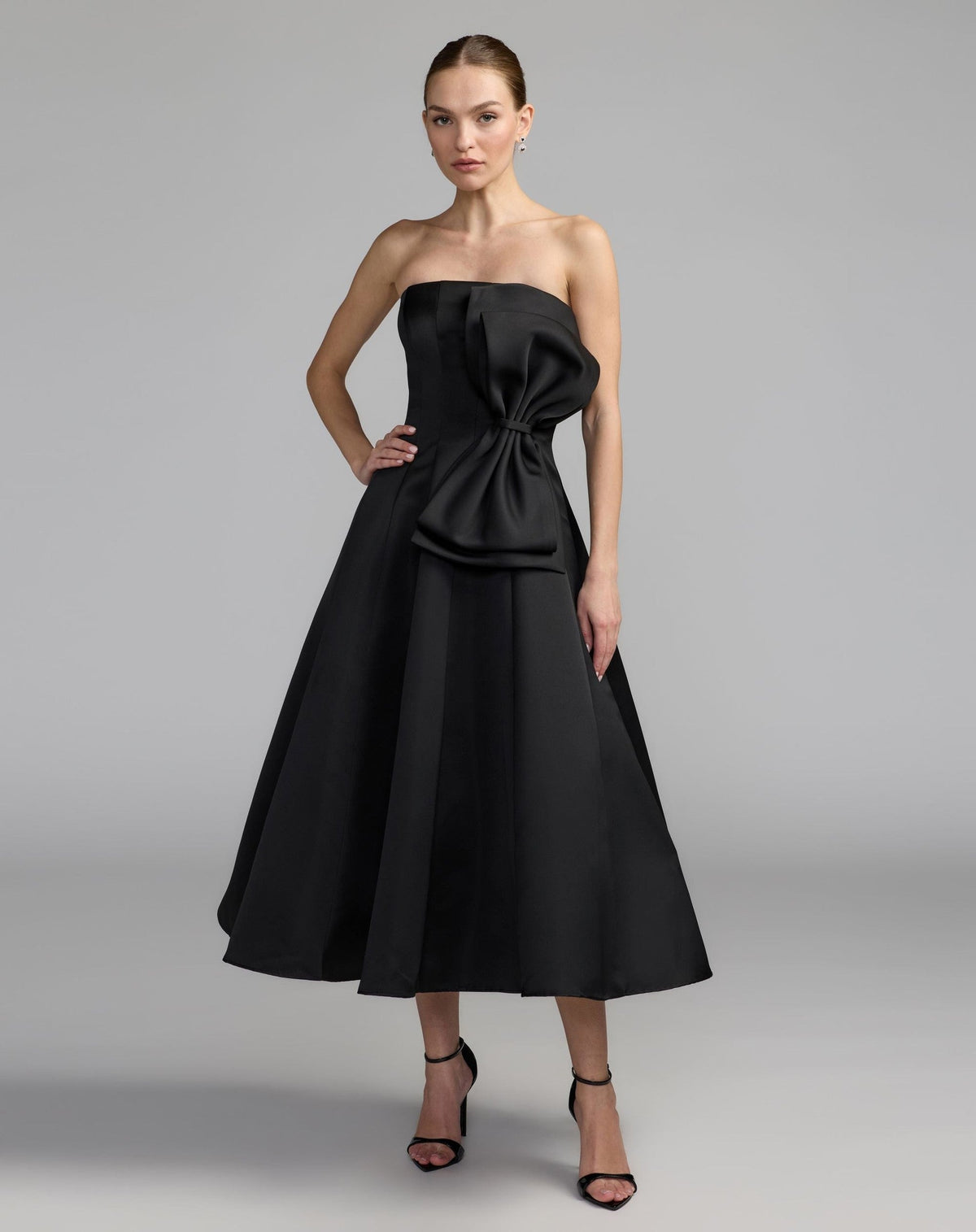 Black Strapless Satin A-Line Midi Dress With Bow