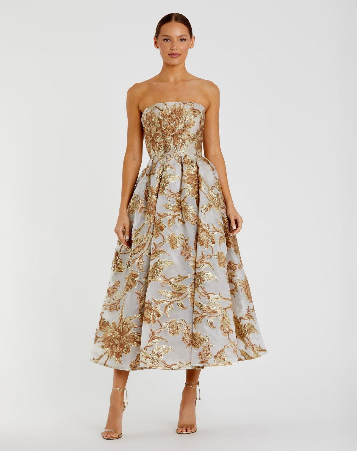 Petite Gold Strapless Brocade Midi Dress with Pockets