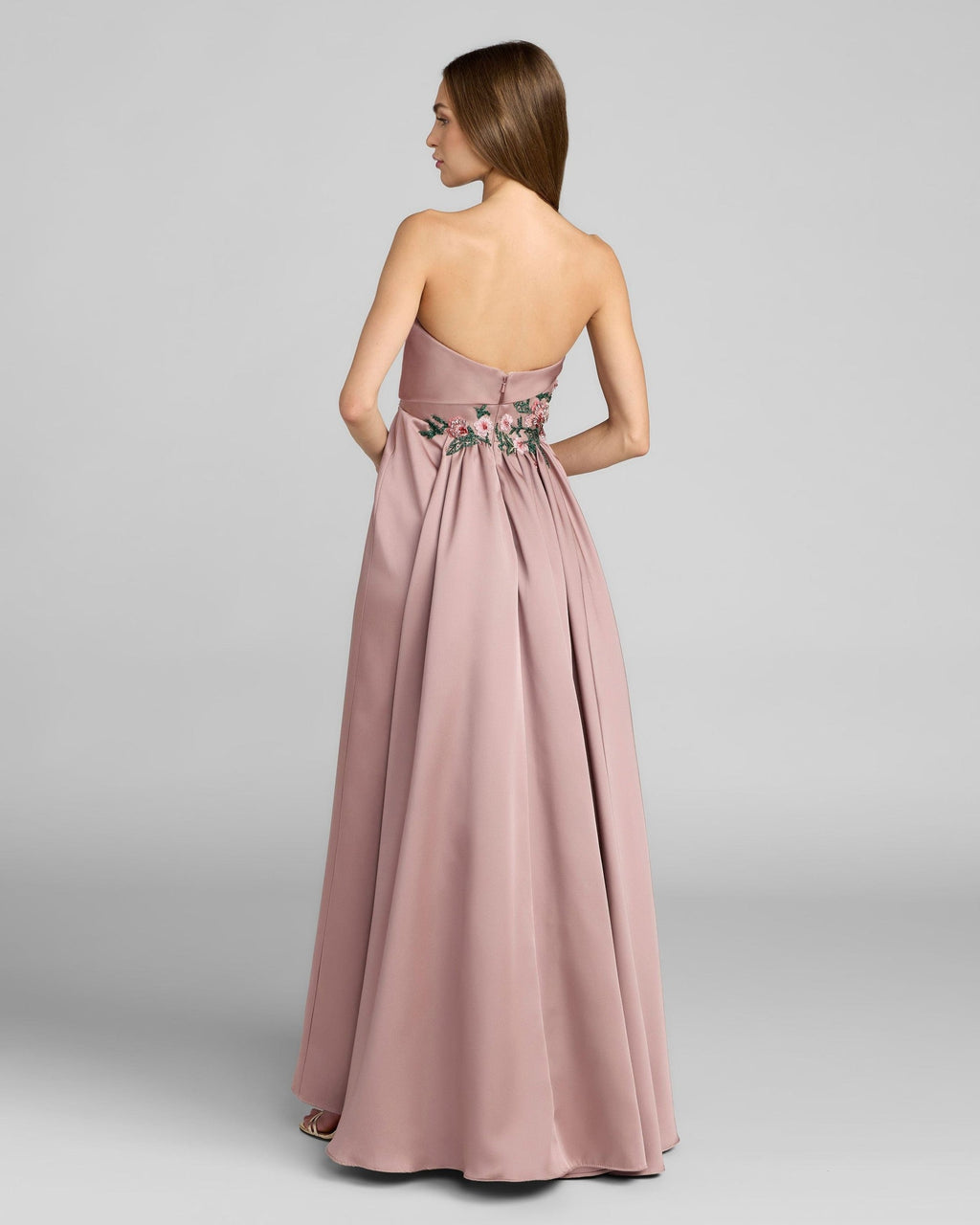 Mocha Floral Embroidered Satin Strapless Gown