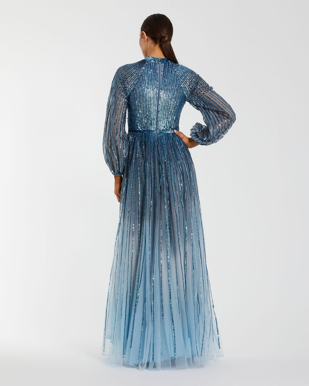Petite Blue Ombré Sequin Long Sleeve A-Line Evening Dress