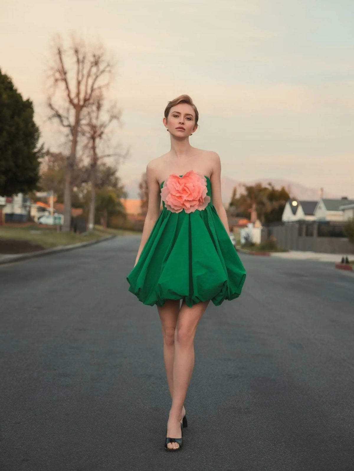 Green Strapless Faille Mini Dress With 3D Flower