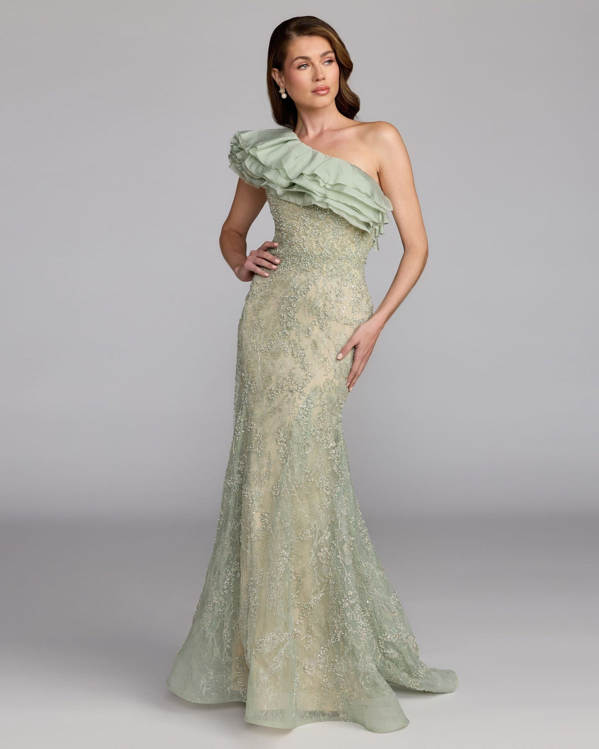 Sage Embellished Lace One Shoulder Trumpet Gown