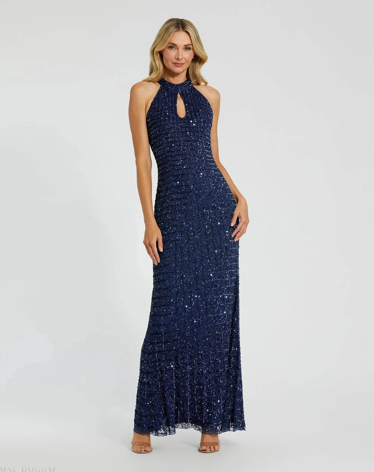 Navy Embellished Halter Neck Keyhole Gown