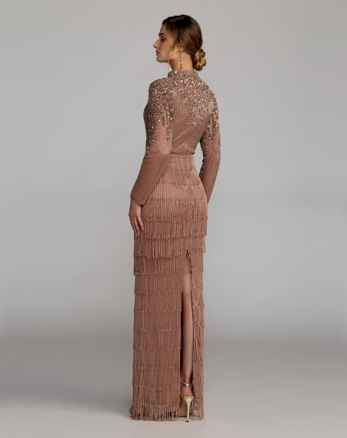 Petite Mocha Hand Beaded Long Sleeve Fringe Column Gown