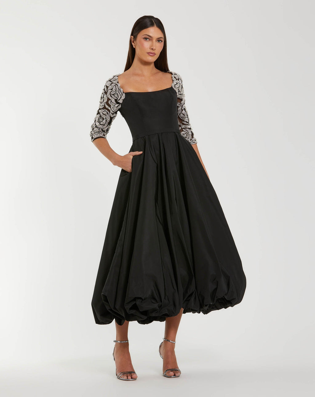 Black Bubble Hem Midi Dress With Embellished Sleeves