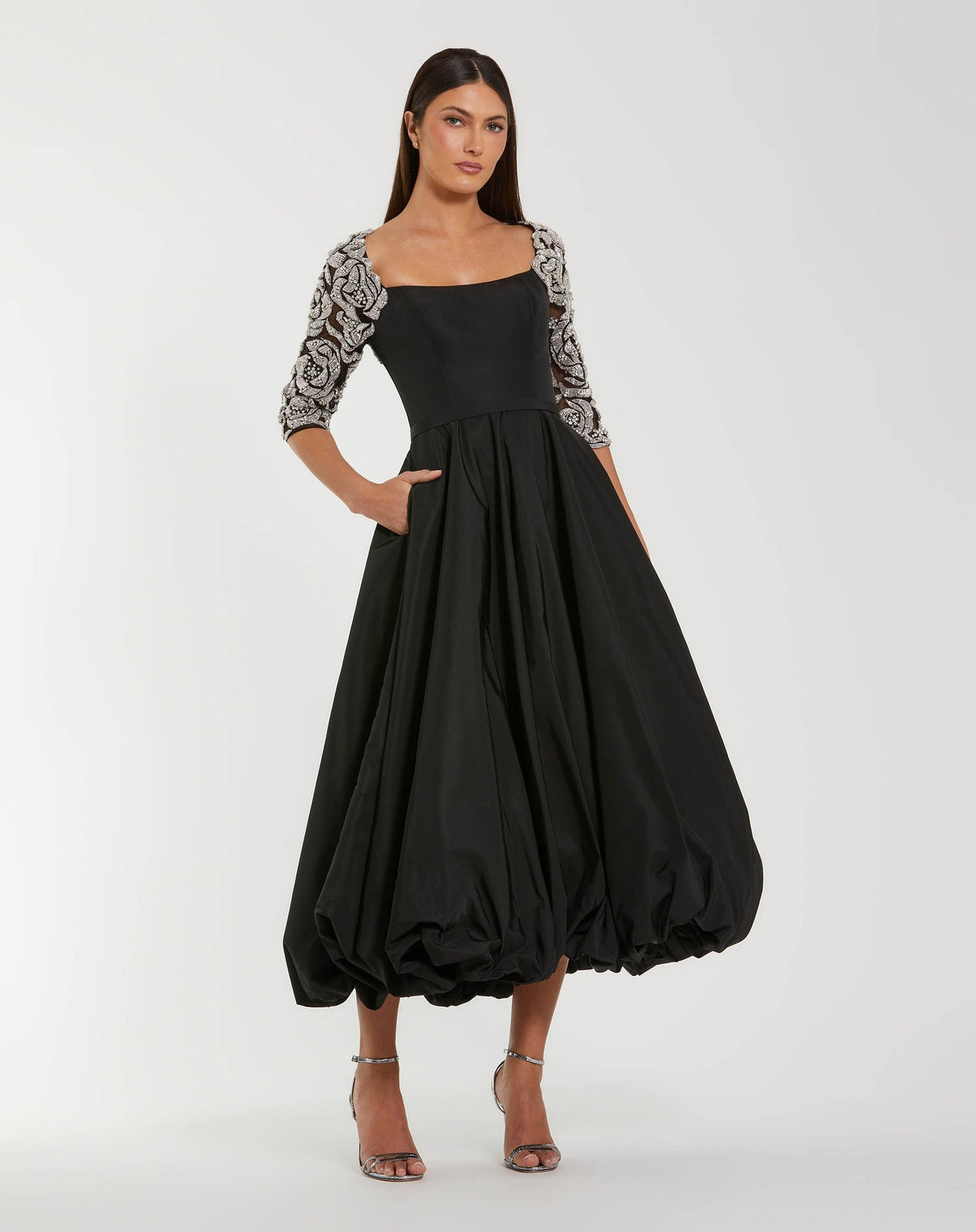 Black Bubble Hem Midi Dress With Embellished Sleeves