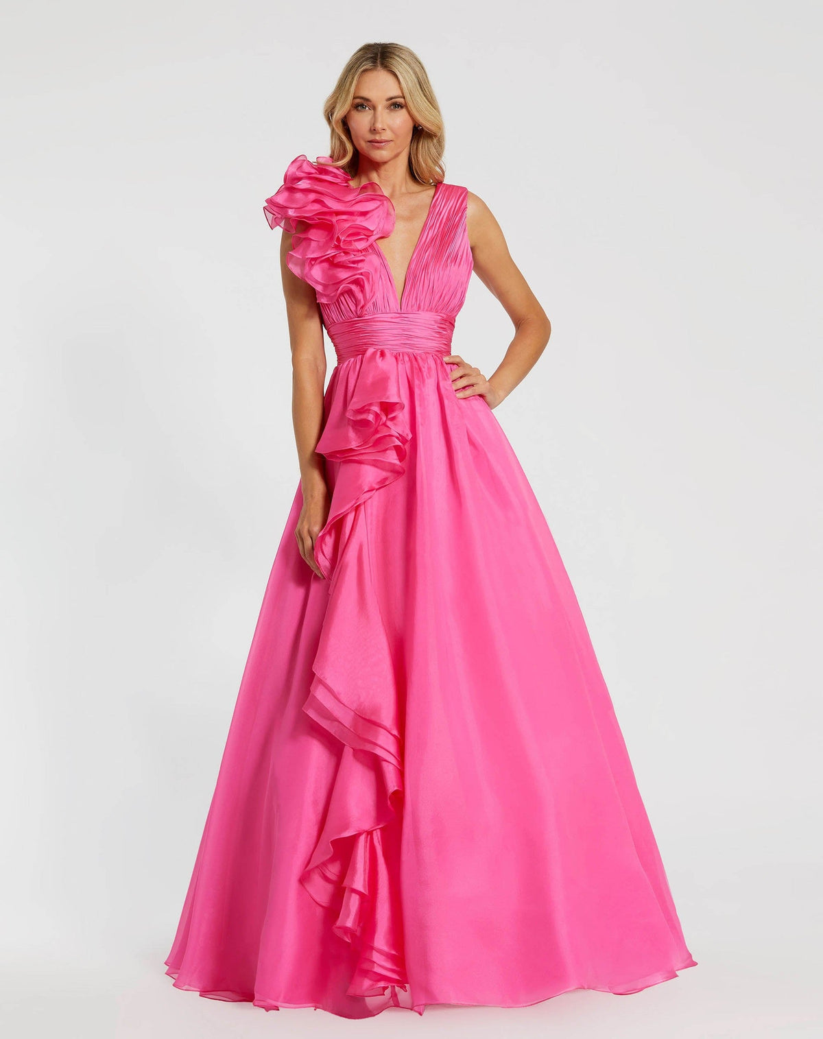 Petite Ruffle Shoulder V-Neck Chiffon Gown