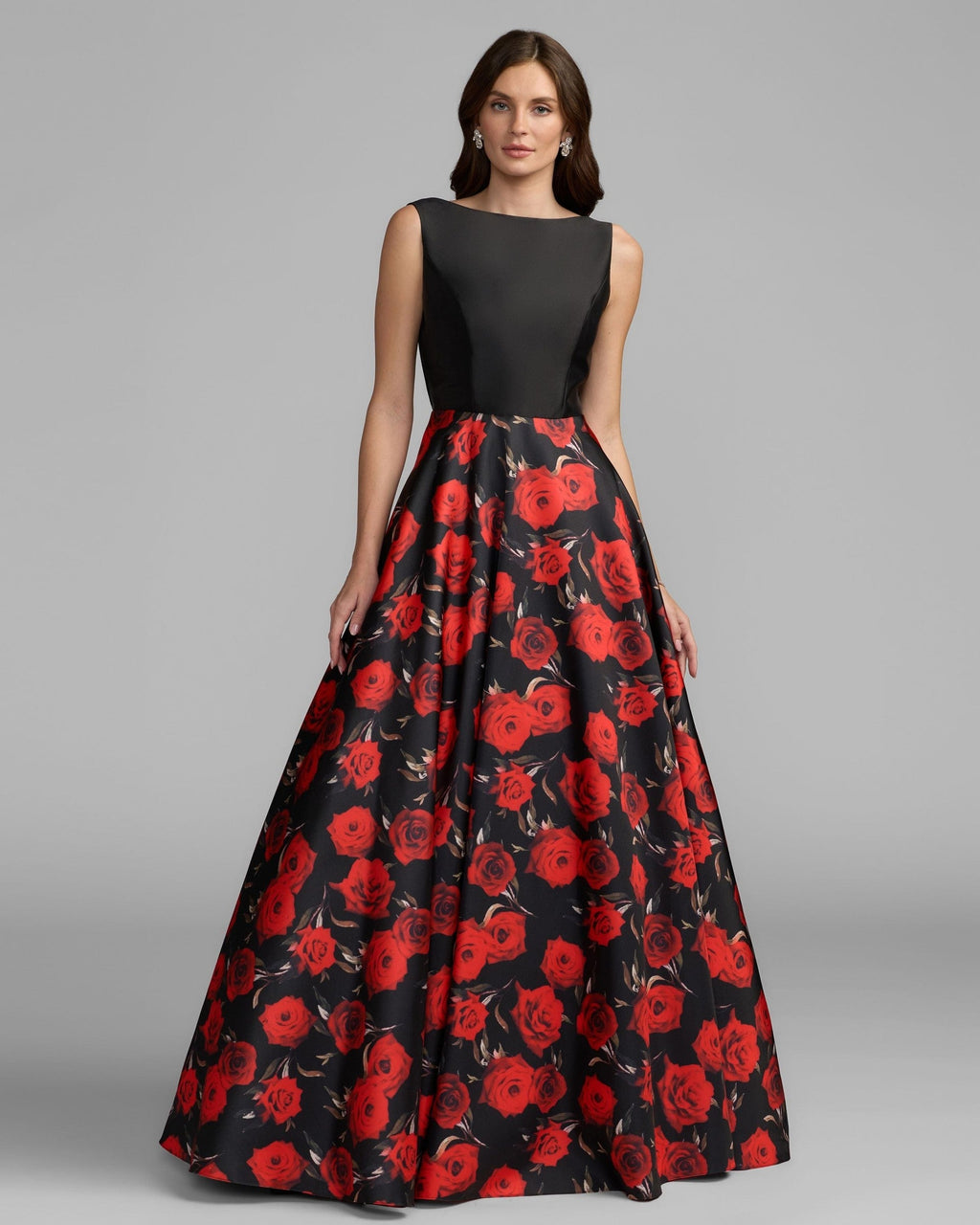 Petite Red Rose Floral Open Back Ball Gown