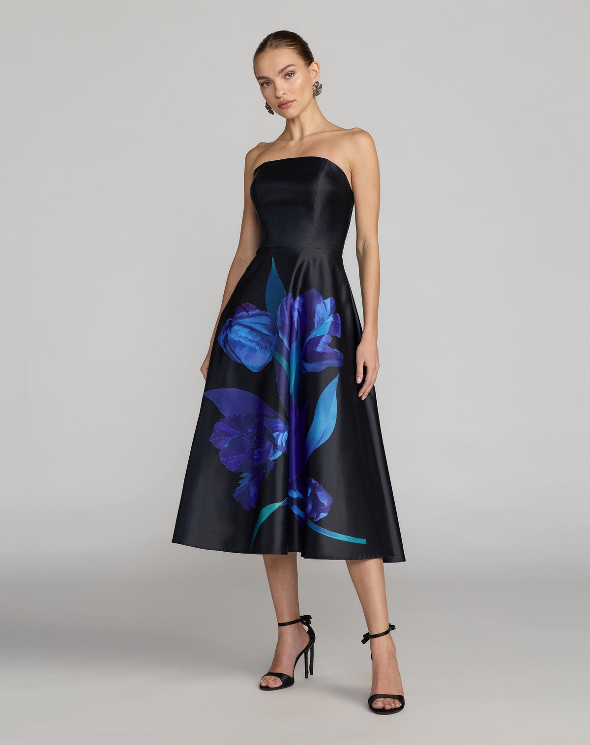 Black Multi Strapless Satin Midi Dress With Flower Print