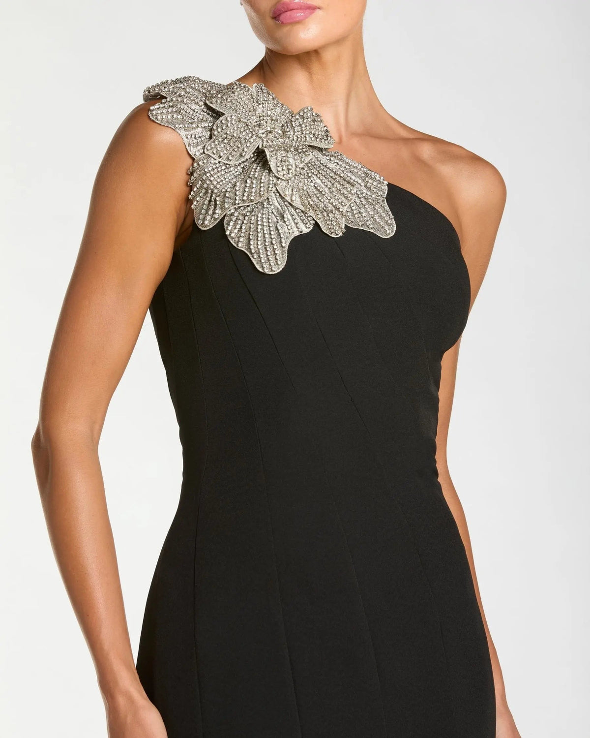 Black Crepe One Shoulder Midi Dress With 3D Flower