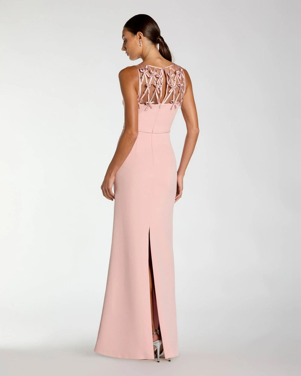Blush Sleeveless Crepe Gown With Embellished Bows