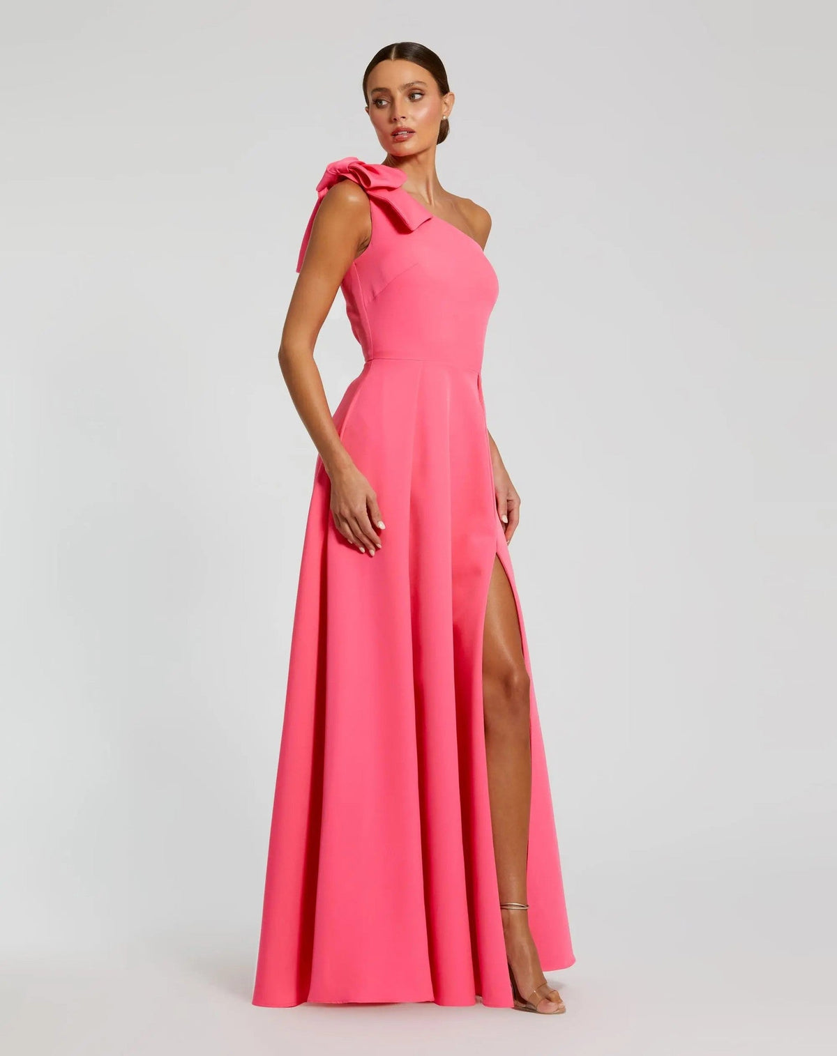 Candy Pink Bow One Shoulder Sleeveless A-Line Gown