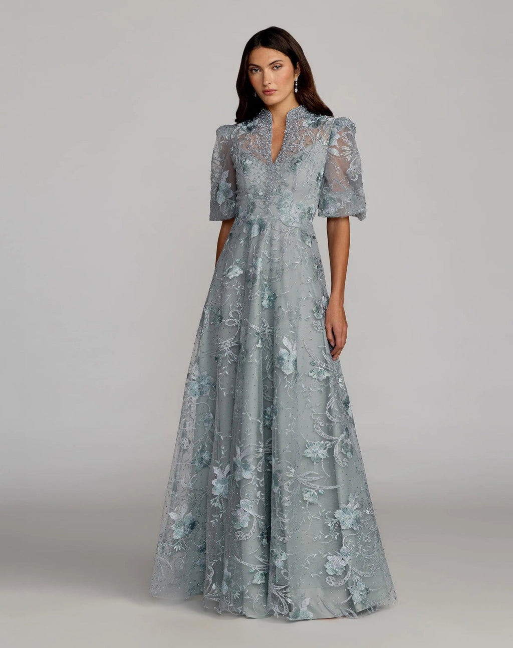 French Blue Queen Anne Puff Sleeve Embroidered A-Line Gown
