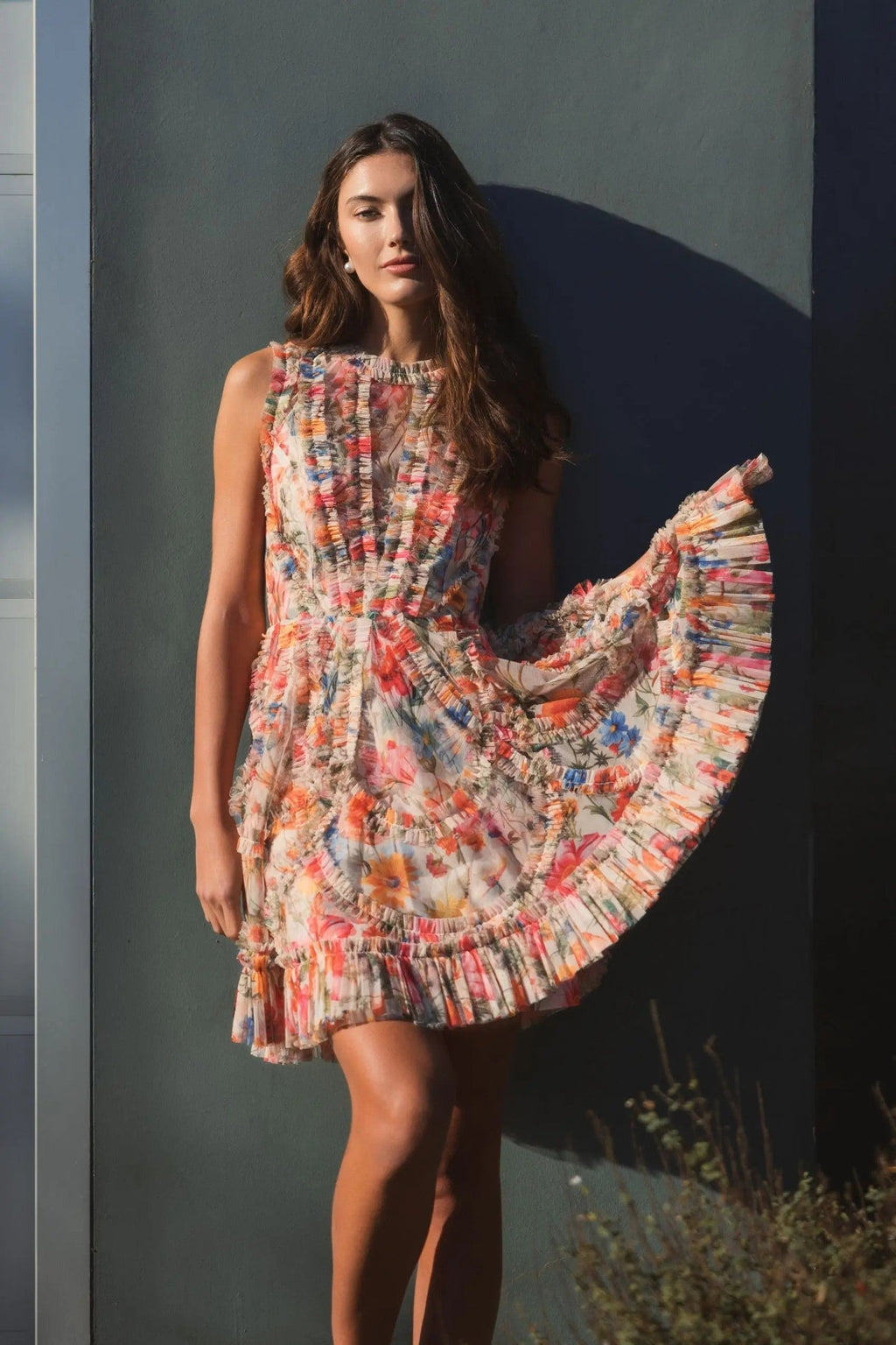 Multicolor Micro Ruffle Floral A-Line Mini Dress