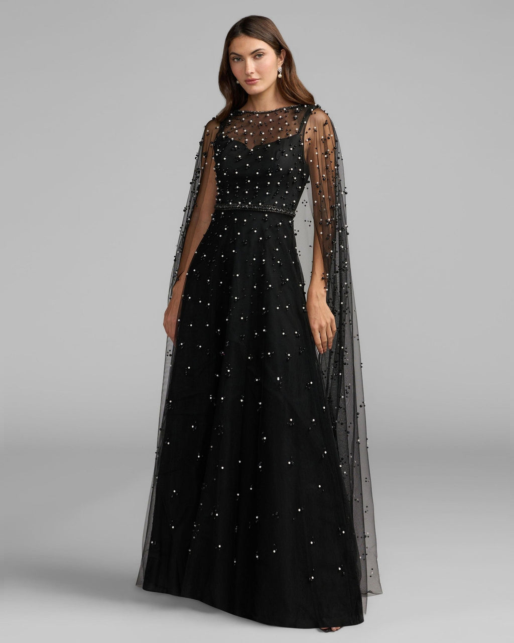 Pearl Embellished Cape Sleeve Gown
