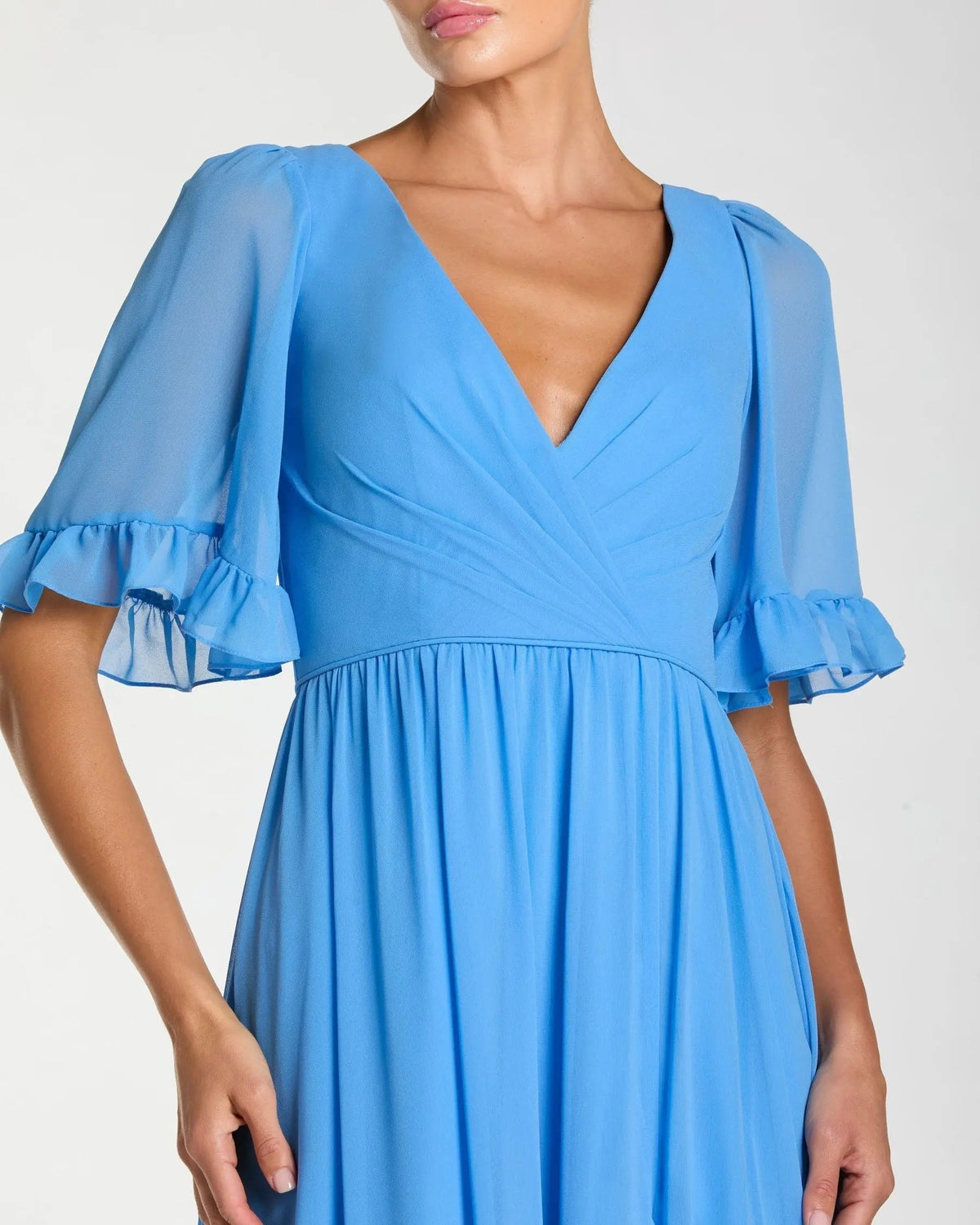 Fusion Blue Faux Wrap Ruffle Trim A-Line Gown