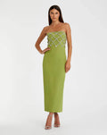 Apple Green Strapless Crystal Embellished Midi Dress