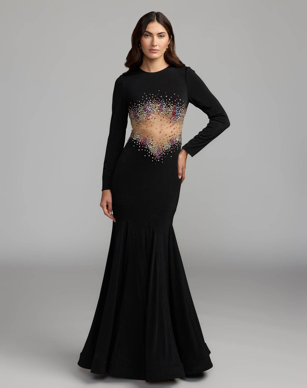 Black Multicolor Crystal Embellished Illusion Jersey Gown