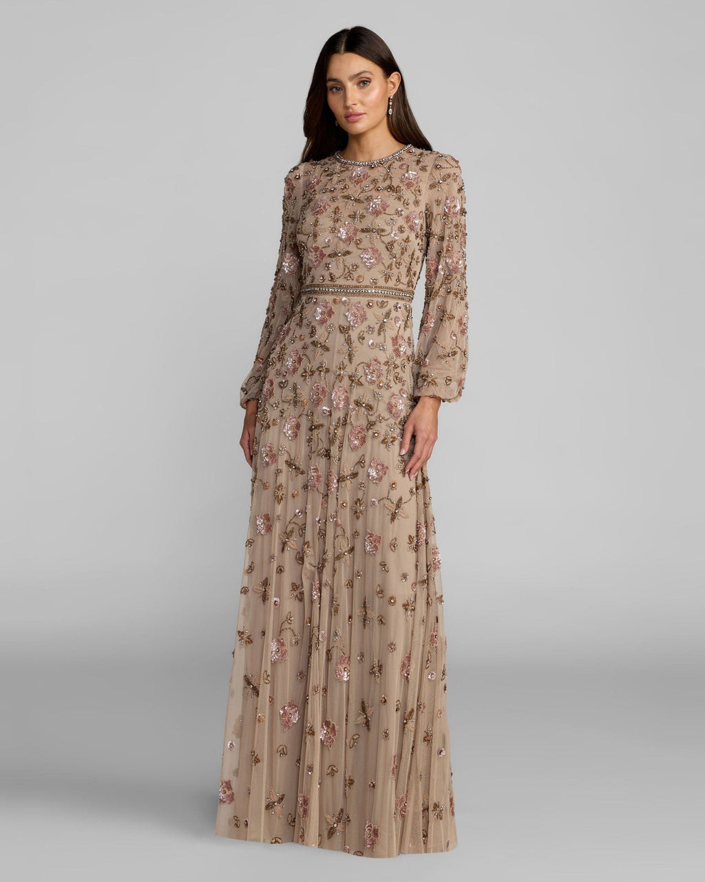 Taupe Crystal Beaded Floral Bishop Sleeve Gown