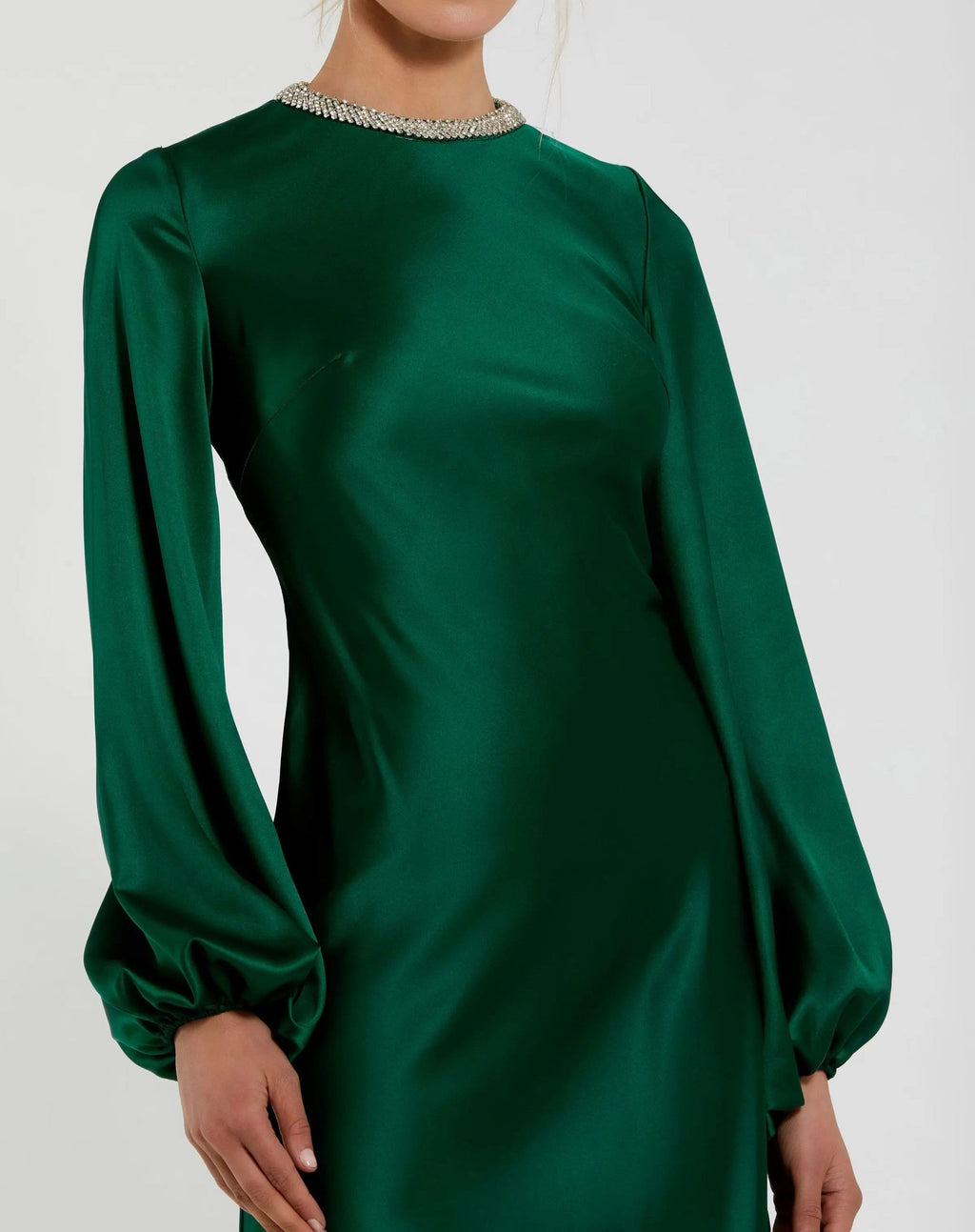 Emerald Rhinestone Neckline Satin Midi Dress
