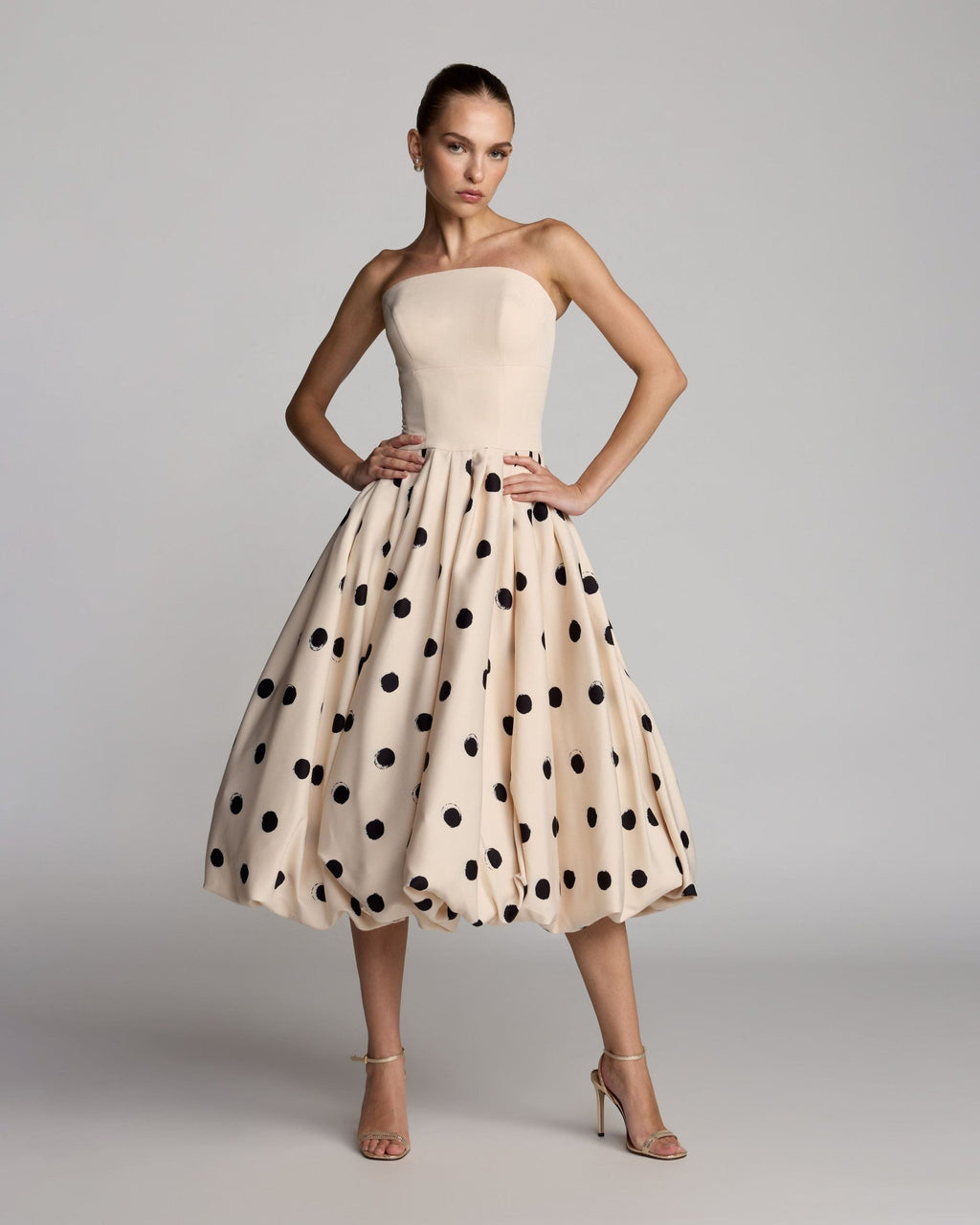 Ivory Strapless Polka Dot Bubble Hem Midi Dress