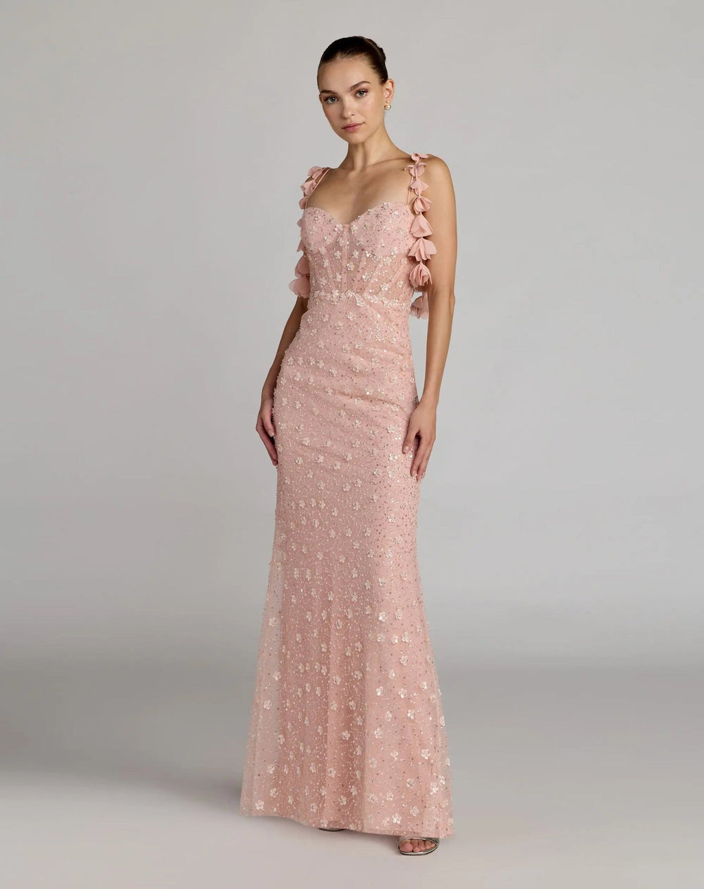 Pink Sweetheart Neck Embellished Gown With Floral Detail