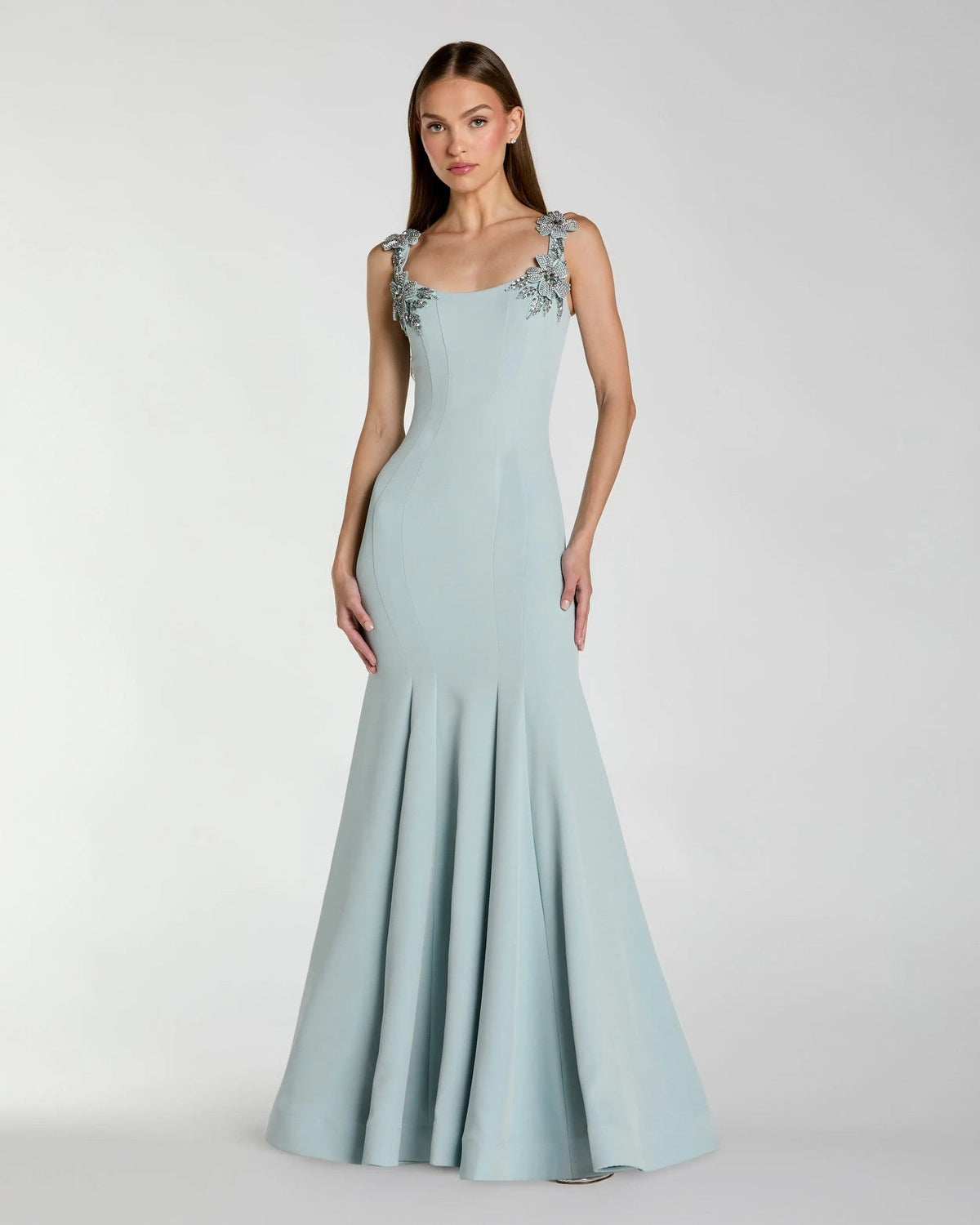 Powder Blue Embellished Floral Strap Crepe Gown