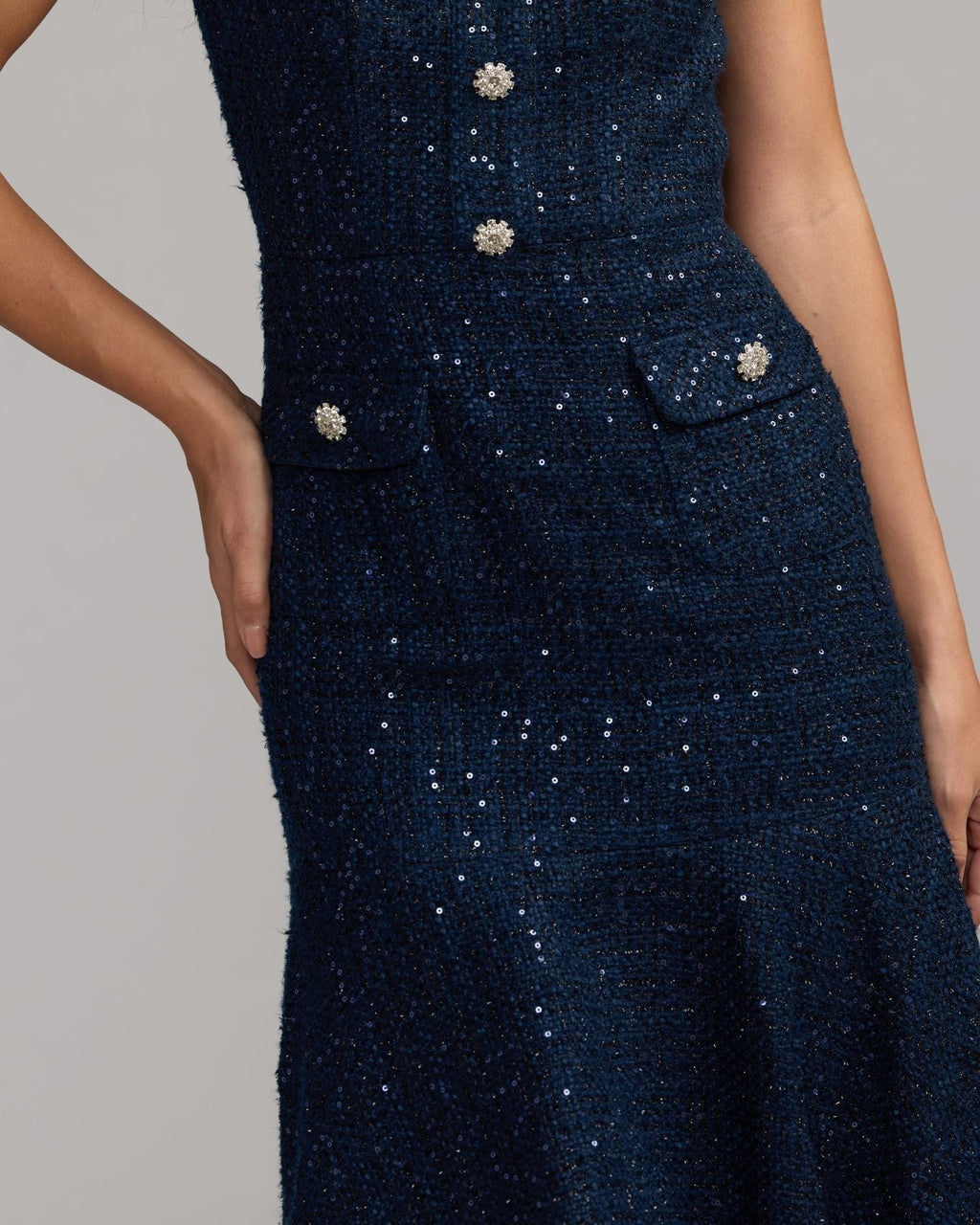 Midnight High Neck Short Sleeve Boucle Midi Dress