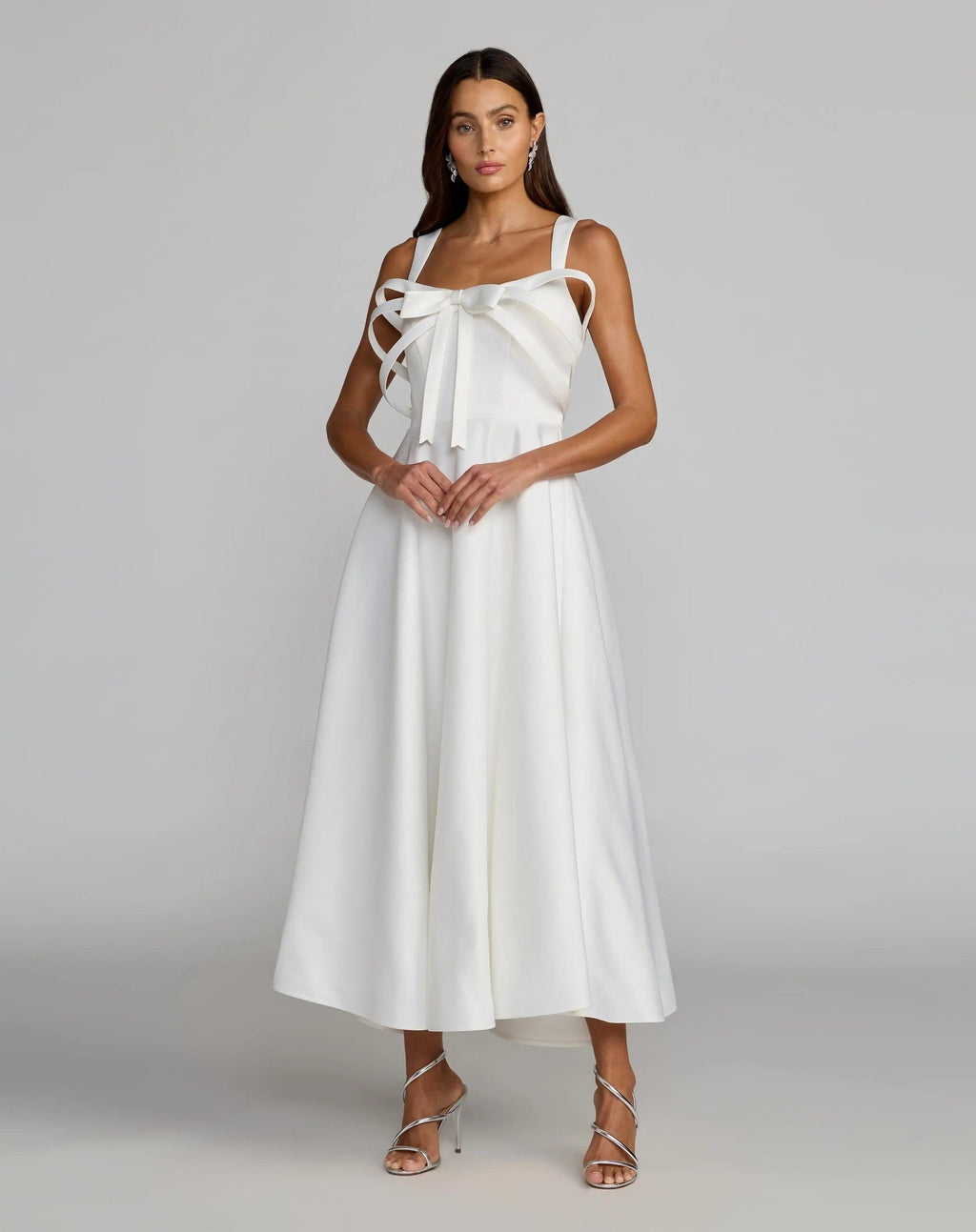 White Satin Bow Bodice Midi Dress