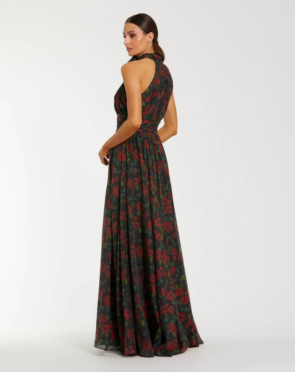 Black Multi Floral Print Halter Neck Gown With Rosette