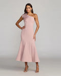 Rose One Shoulder Floral Appliqué Crepe Midi Dress