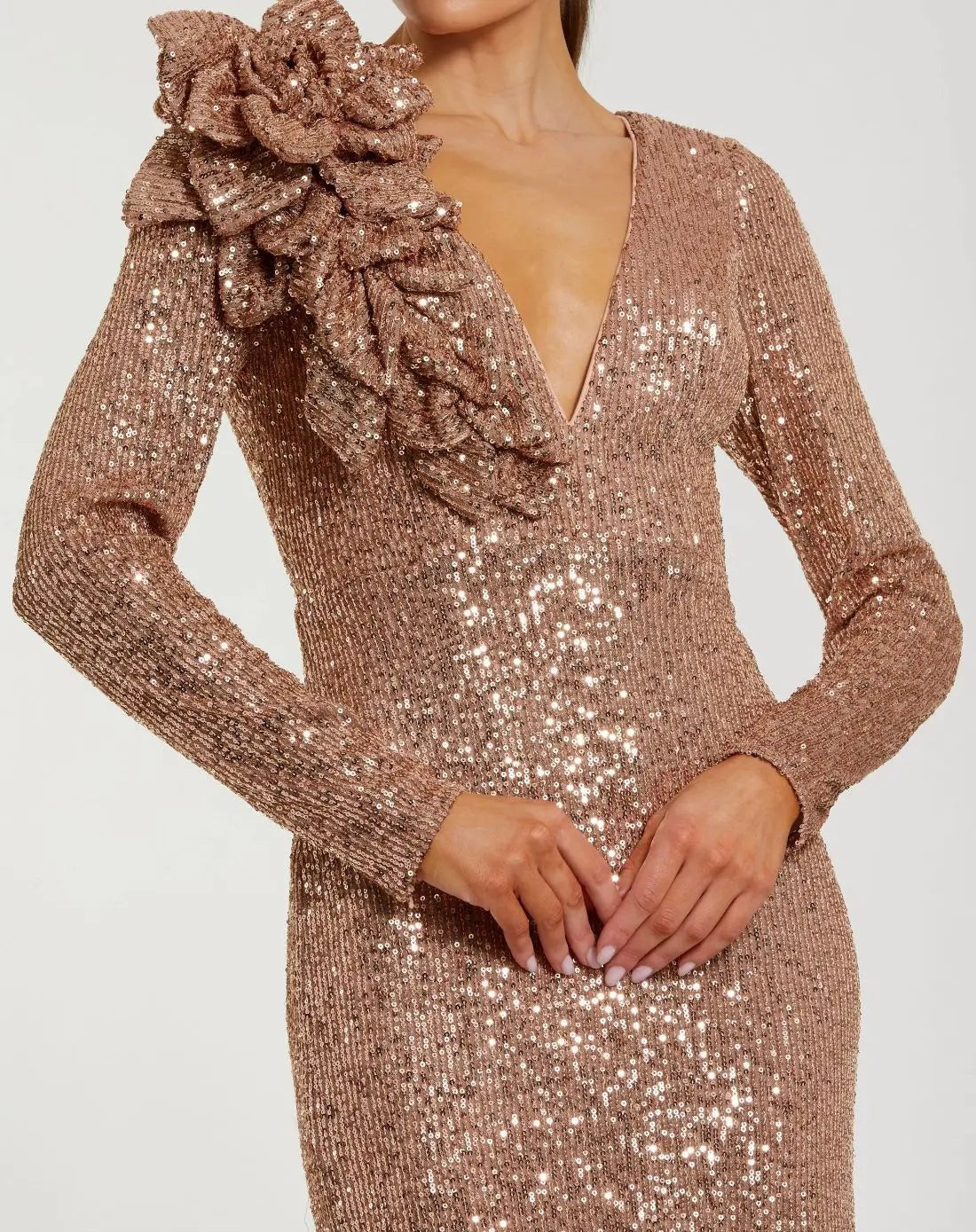 Light Pink Long Sleeve V Neck Sequin Gown With 3D Flower