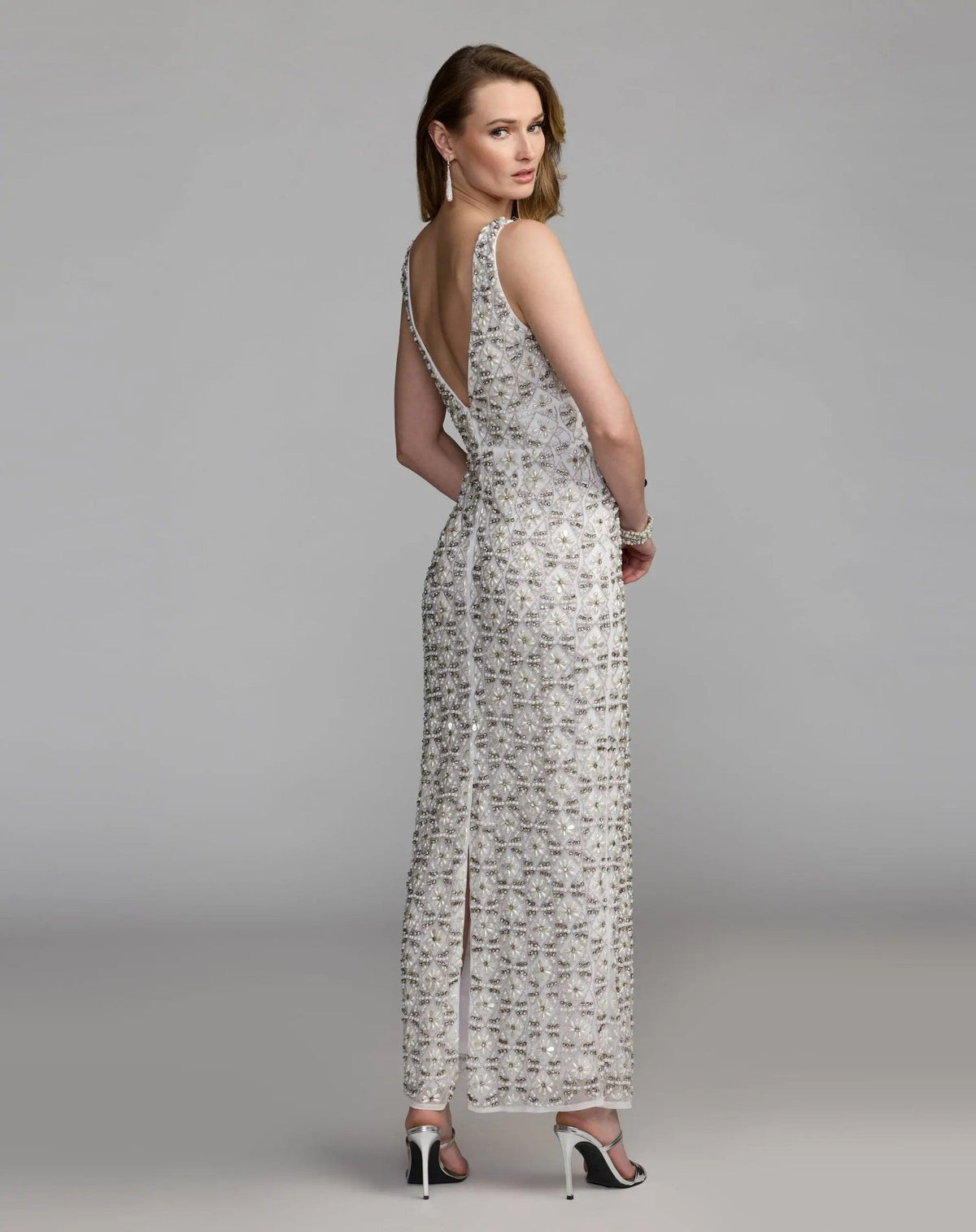 Ivory Pearl Embellished Sleeveless Column Dress