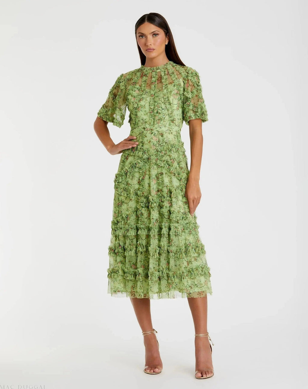 Sage Multi Floral Midi Dress with Ruffle Detailing