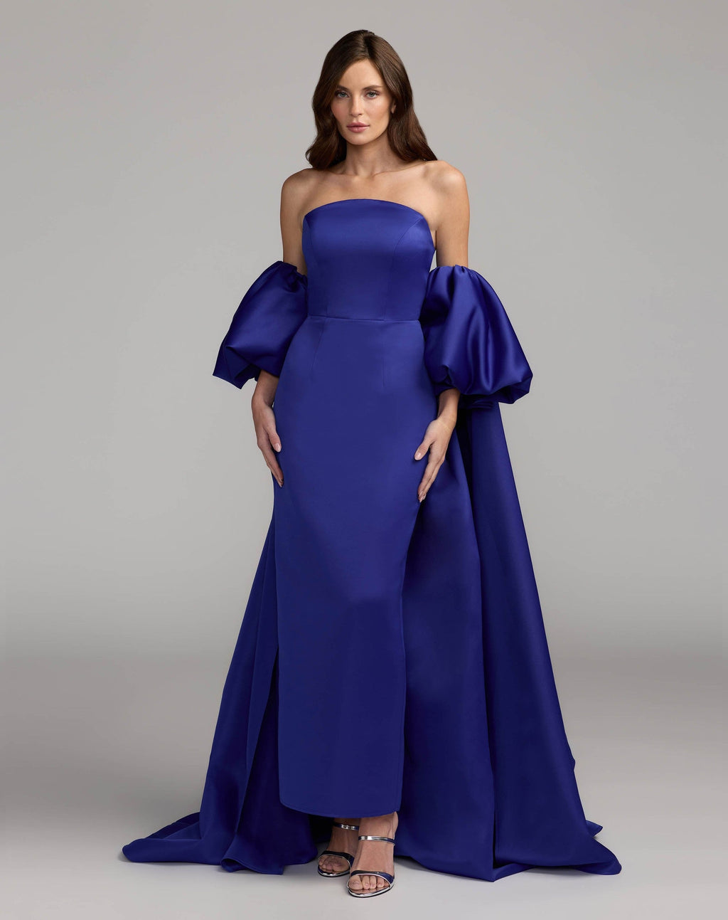 Cobalt Off The Shoulder Puff Sleeve Satin Gown With Cape