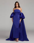 Cobalt Off The Shoulder Puff Sleeve Satin Gown With Cape