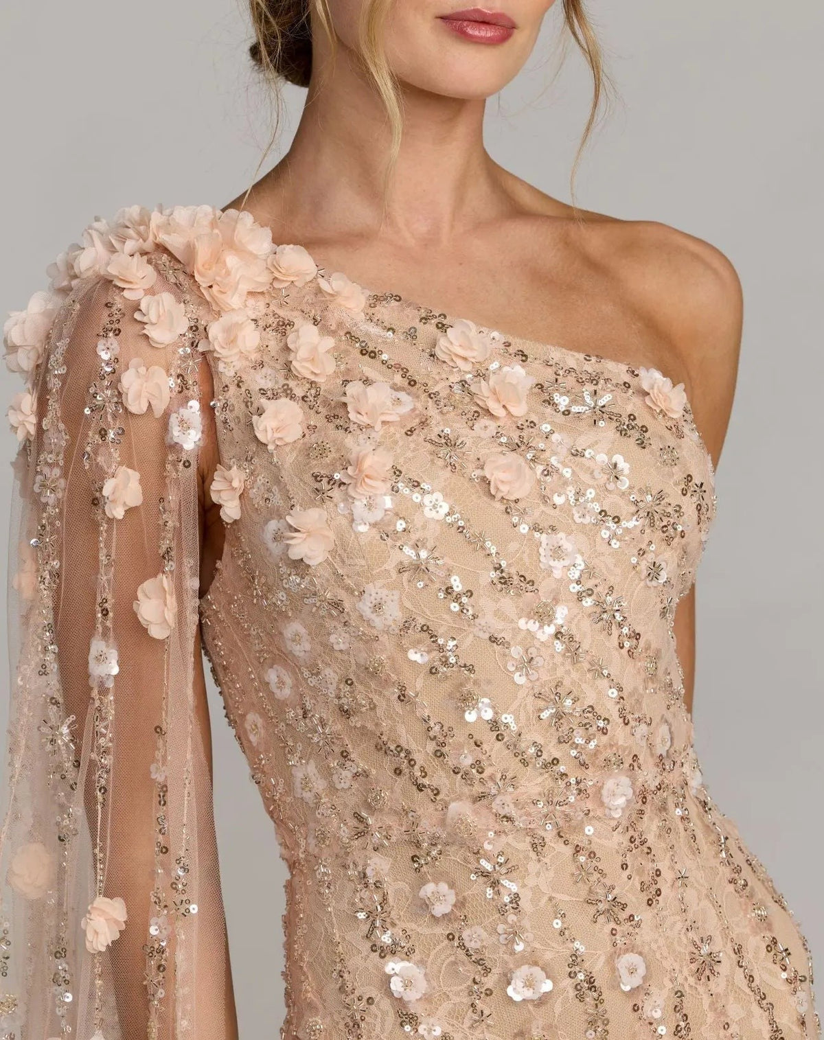 Porcelain One Shoulder Embellished Gown With Cape Sleeve