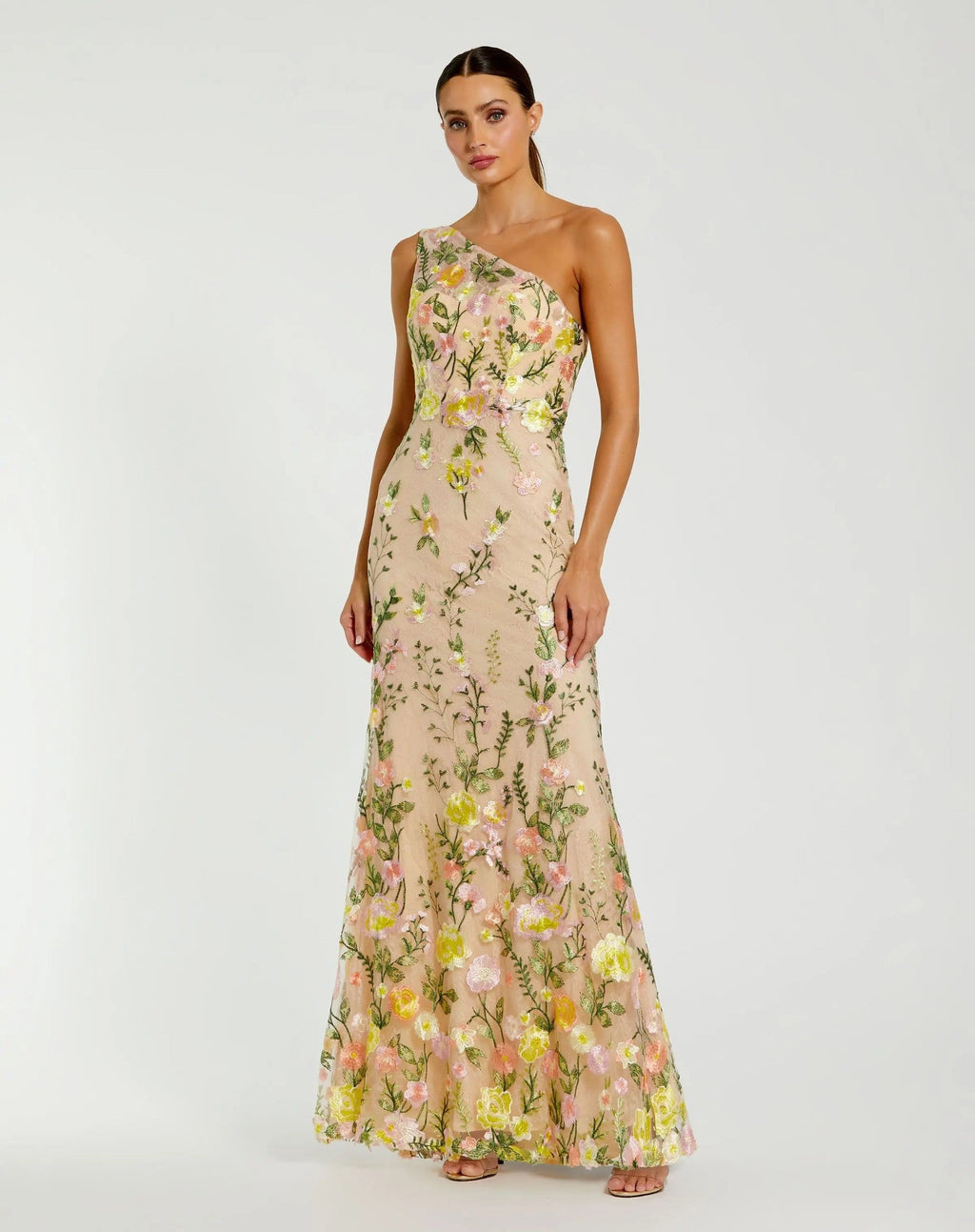 Beige One Shoulder Floral Embroidered Gown