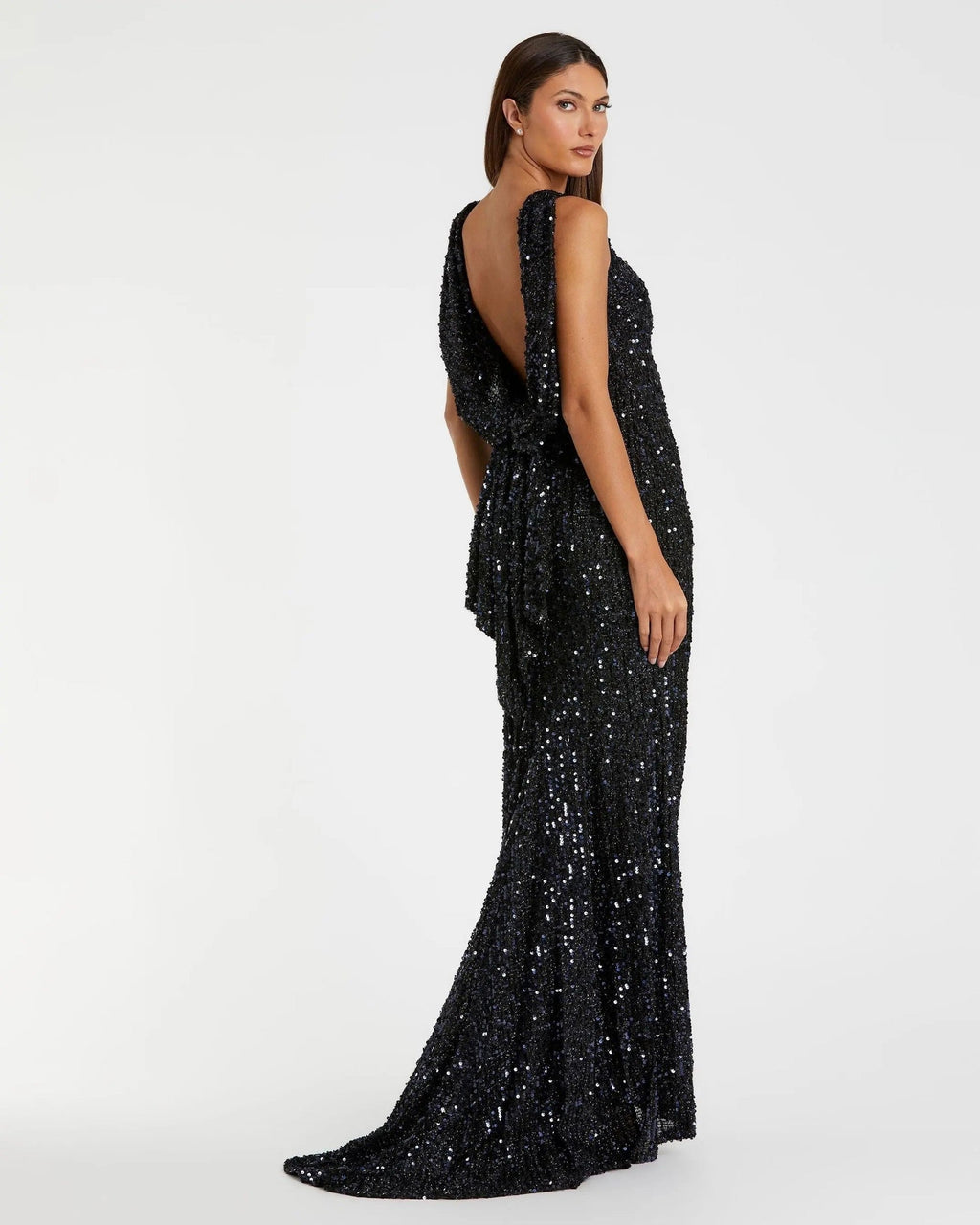 Midnight Sleeveless Cowl Back Sequin Evening Gown