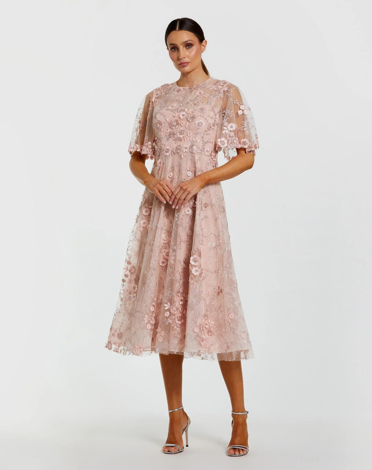 Blush Flutter Sleeve Embroidered Midi Dress