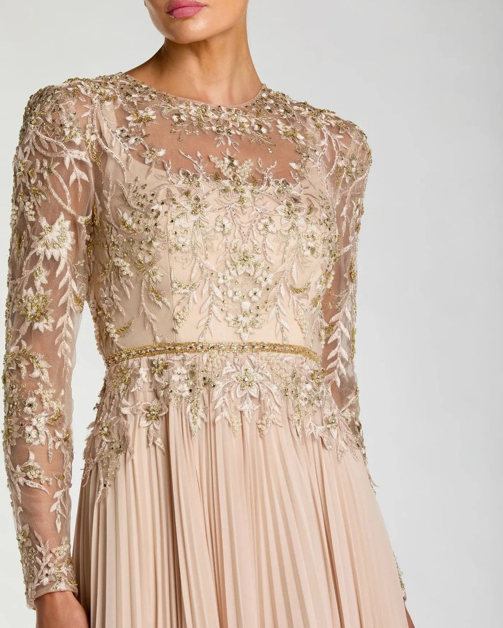 Taupe Long Sleeve Chiffon Embellished Gown