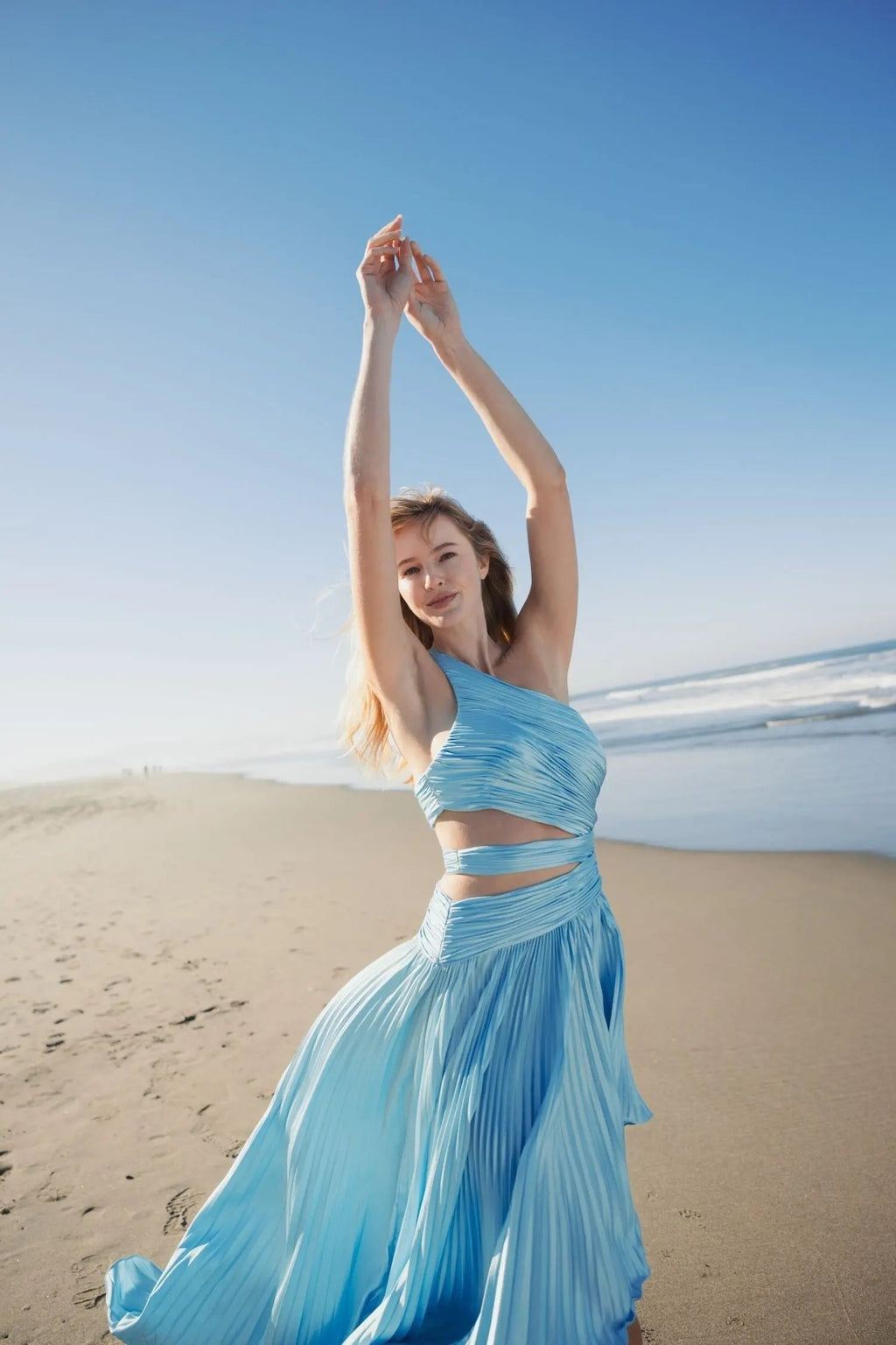 Blue One Shoulder Pleated Charmeuse Gown with Slit