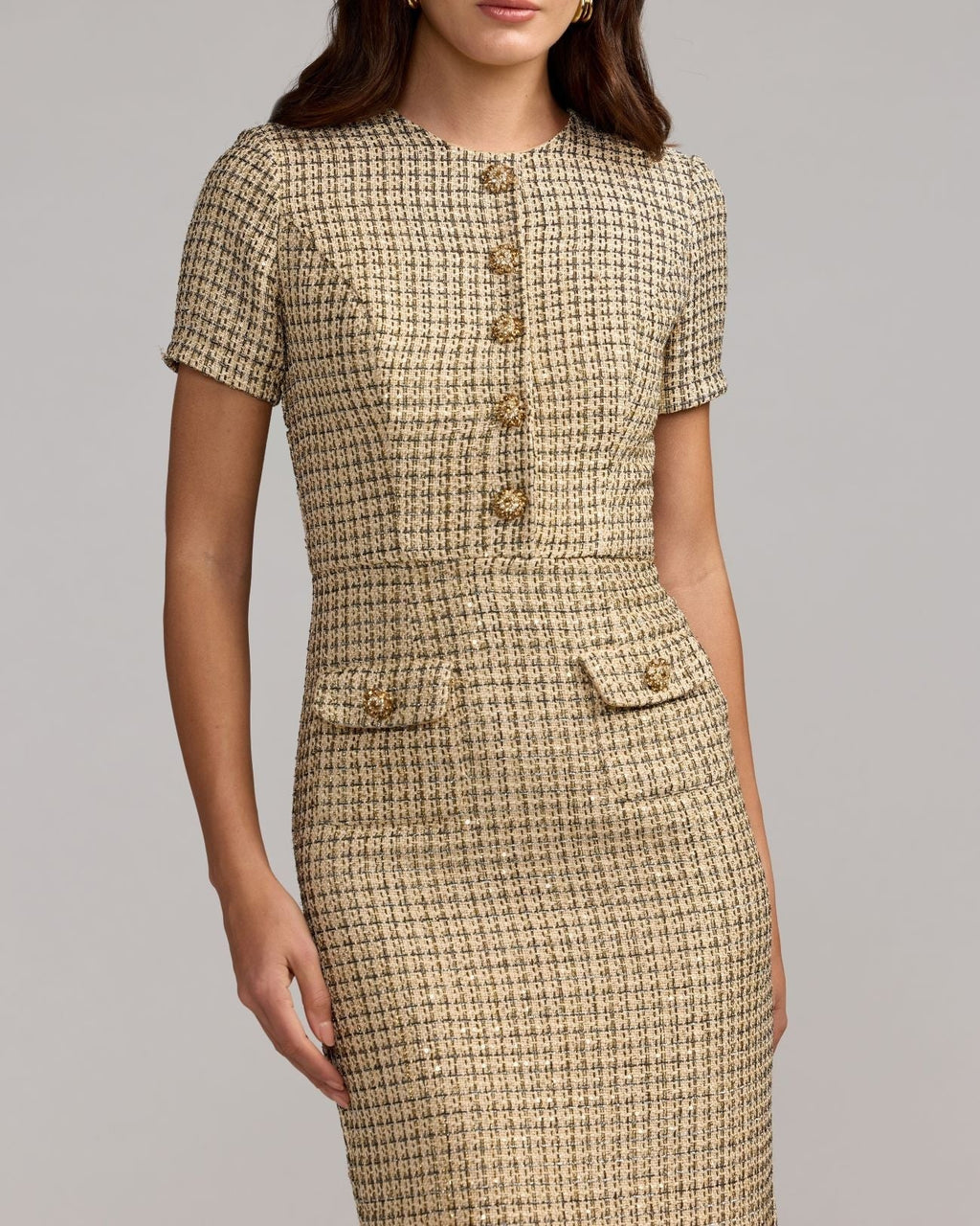 Nude Gold Boucle Button Front Midi Dress