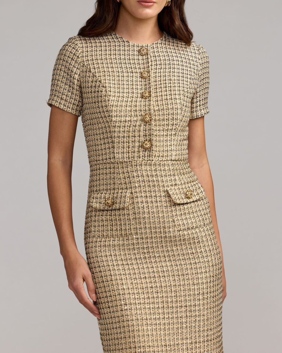 Nude Gold Boucle Button Front Midi Dress