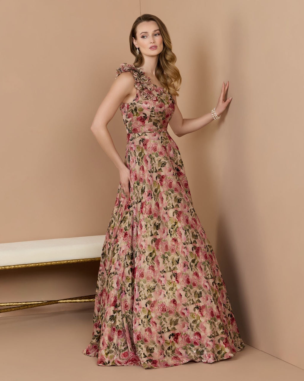 Pink Multi One Shoulder Velvet Floral Ball Gown