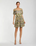 Yellow Multi Floral Puff Sleeve Ruffle Mini Dress