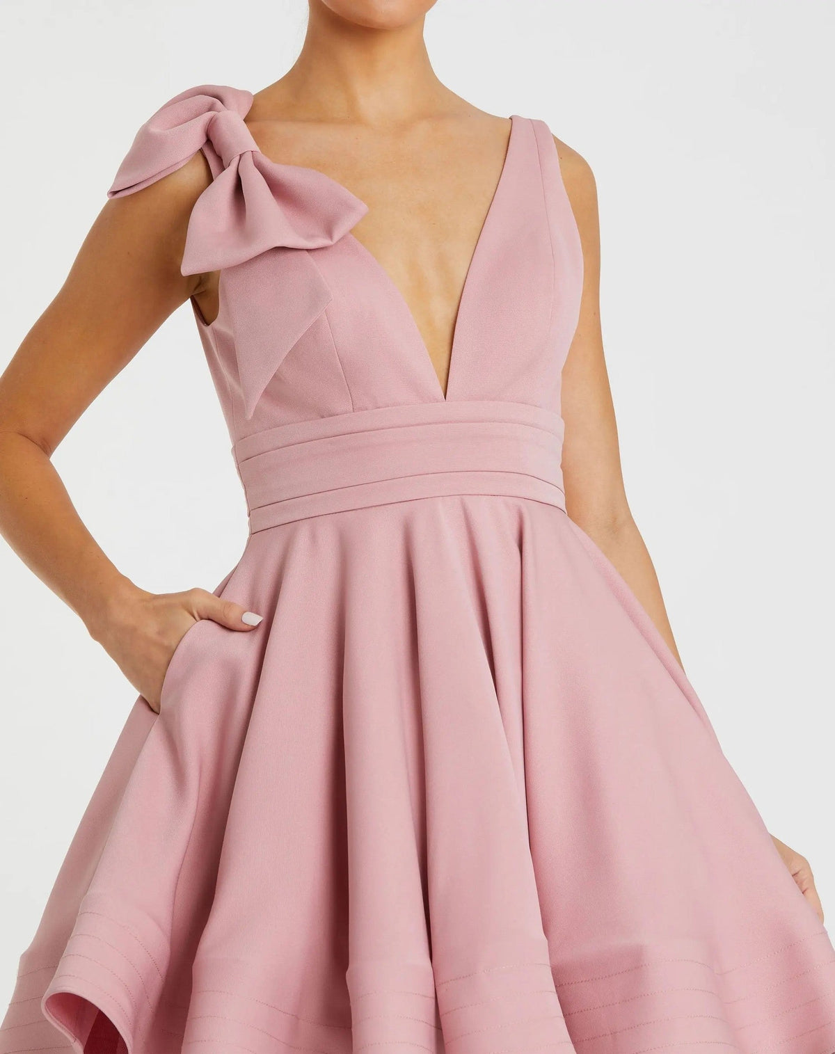 Rose Plunge Neck Fit and Flare Mini Dress With Bow